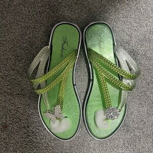 Green Embellished Slide Sandals with Rhinestone & Butterfly Accents
